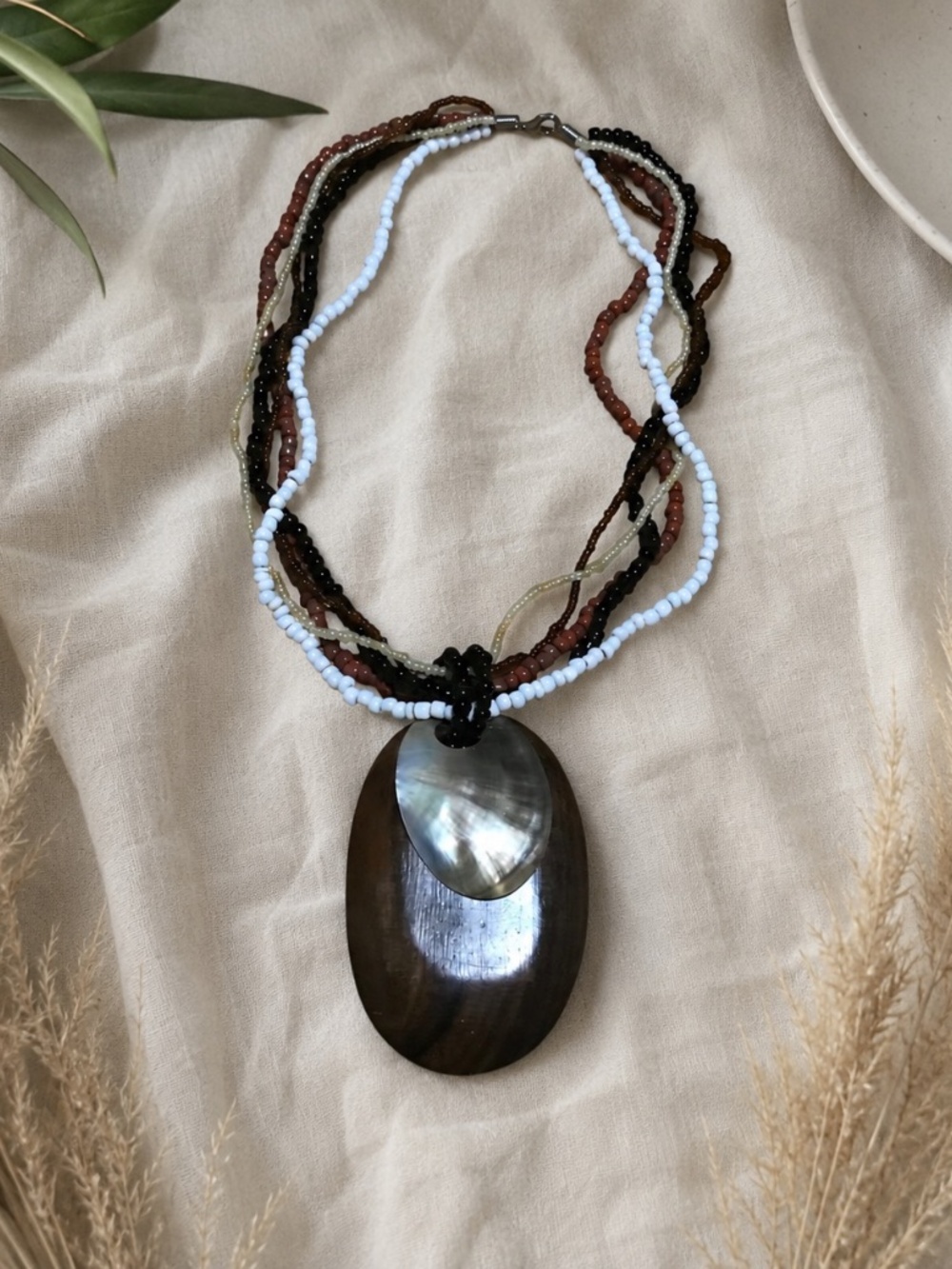 Layered Seed Bead Necklace w/Shell & Wood Pendant Earth Tone Statement Necklace